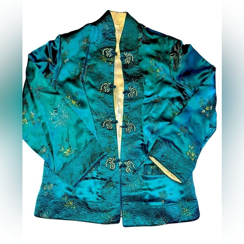 Vtg Solz Squirrel Aqua Blue Floral Reversible Kimono Embroidered Jacket Sz Small